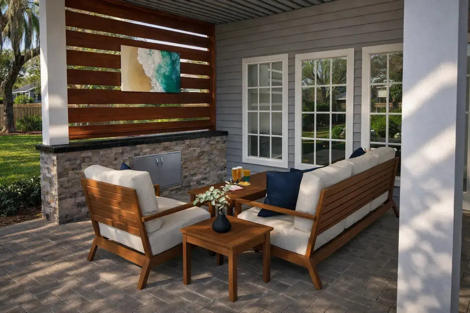 3D rendering: lounge seating in front of a slatted wood and stone TV wall under a covered lanai