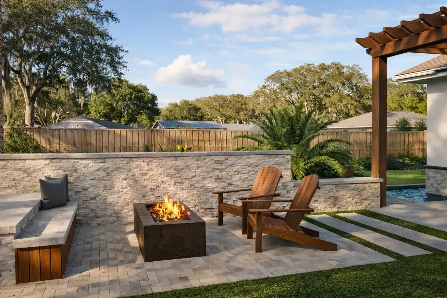 3D rendering: rectangular fire table on a paver patio with a stone seat wall and Adirondack chairs
