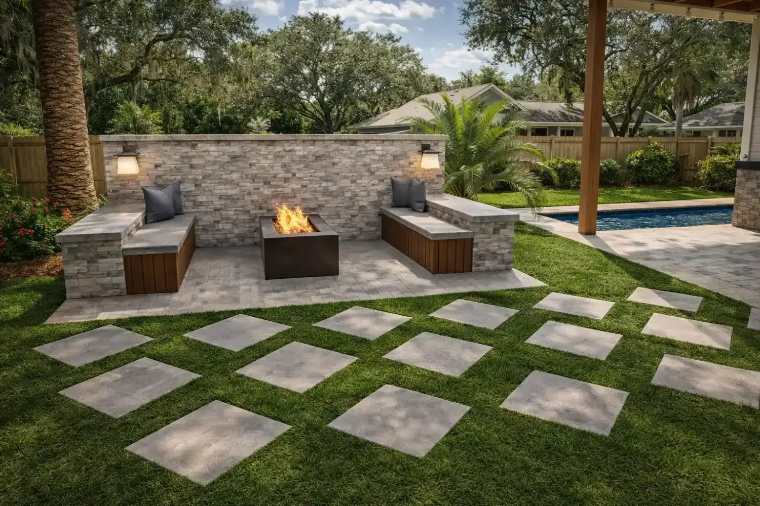 3D rendering: fire table on a raised stone platform with built-in benches and stepping-stone pavers
