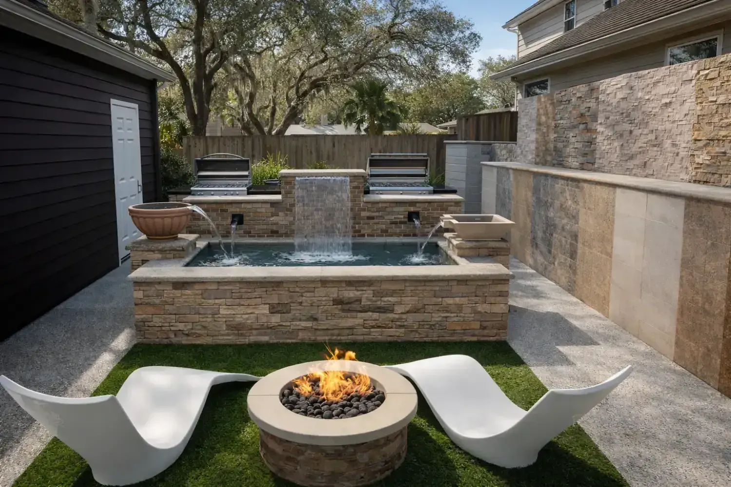 3D rendering: fire pit and white loungers in front of a raised spa and stacked-stone wall