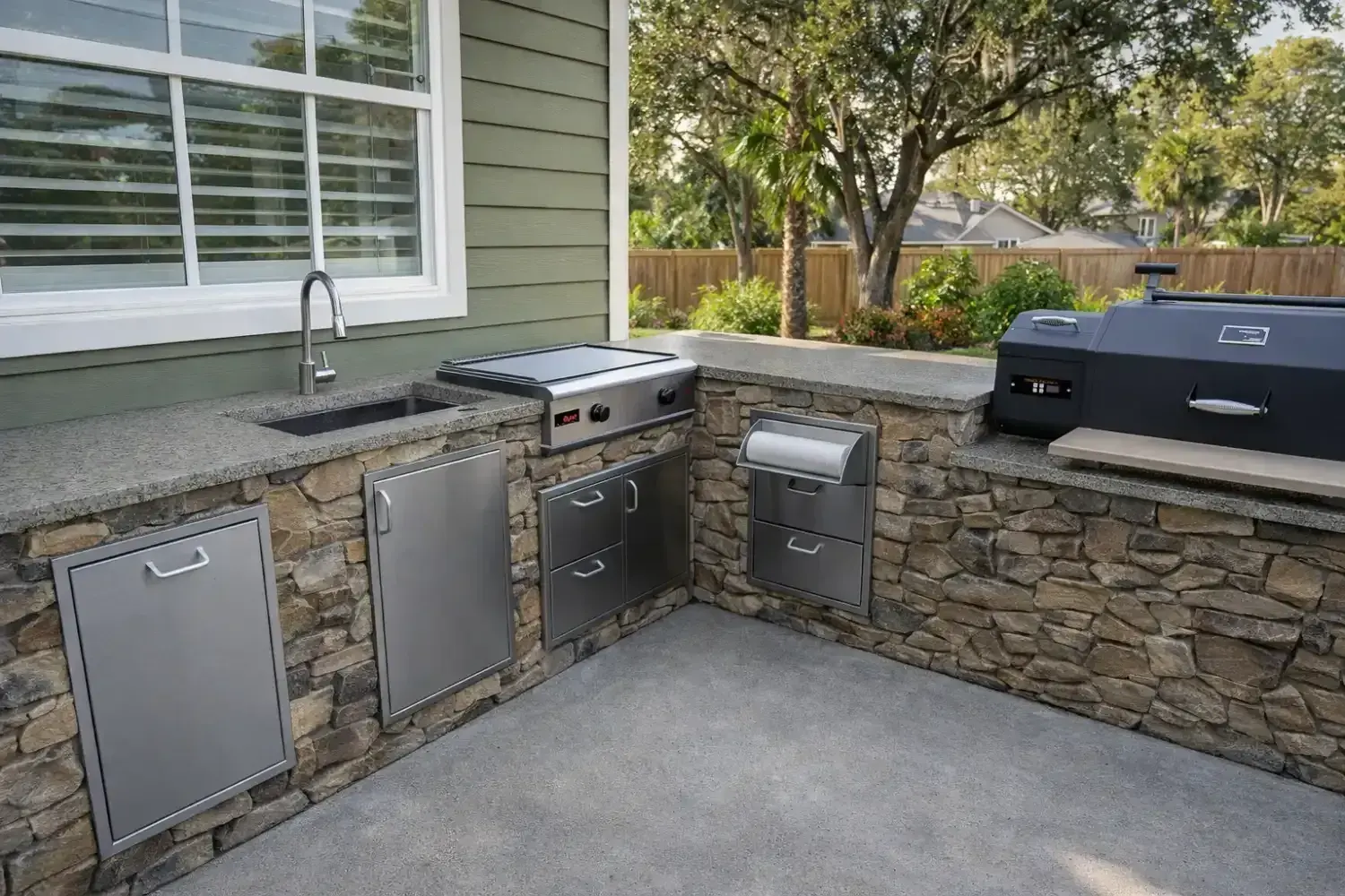 3D rendering: outdoor kitchen with a stacked-stone base, stainless doors, built-in grill and smoker
