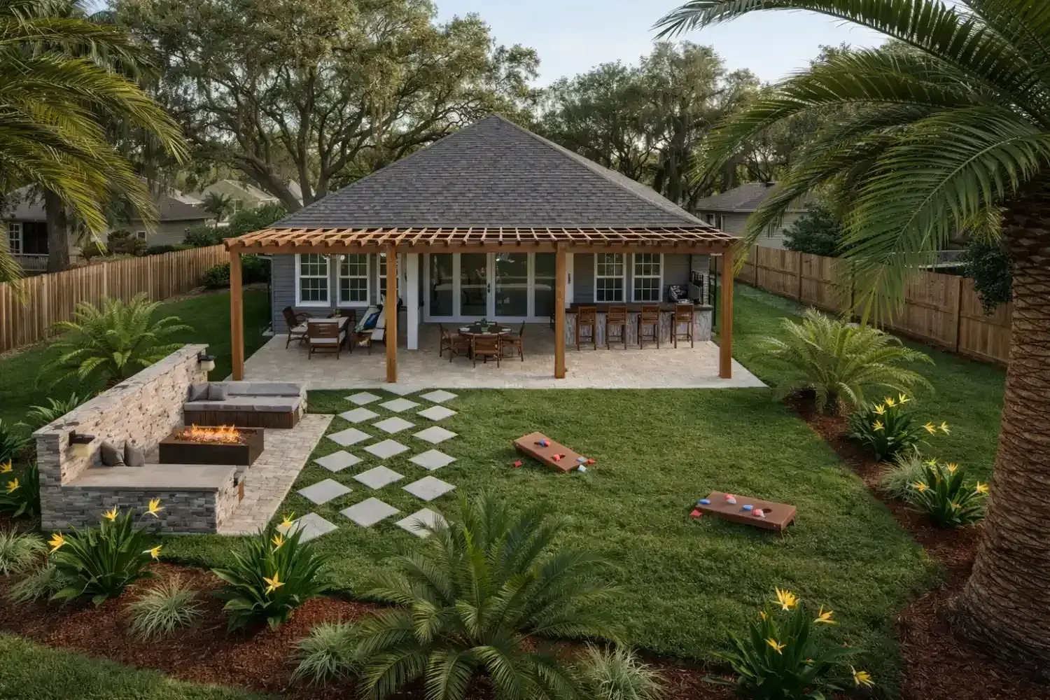 3D rendering: wood pergola pavilion with seating, a fire feature and stepping-stone pavers in the lawn