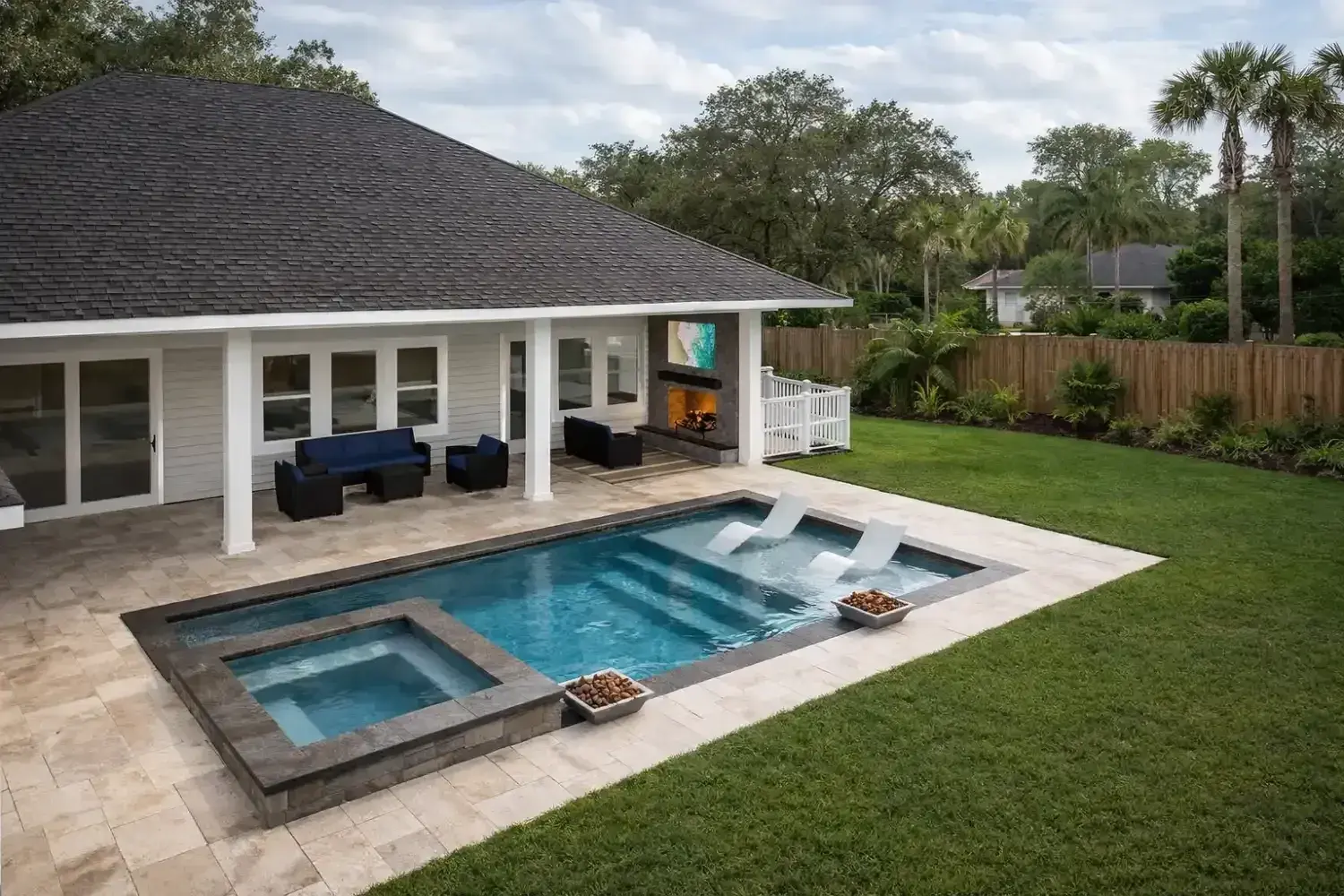 3D rendering: rectangular pool with an attached spa off a covered lanai