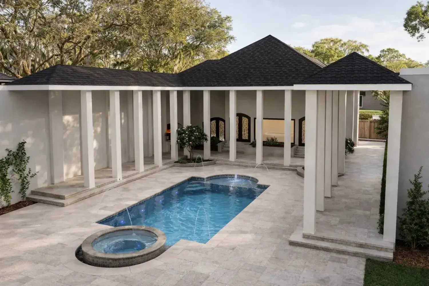 3D rendering: pool with a round spa, framed by a white colonnade and covered lanai